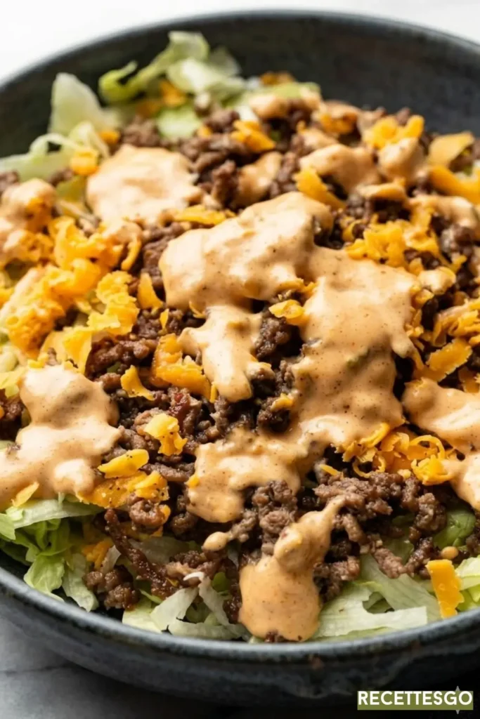 This Big Mac salad recipe brings all the classic burger flavors to your bowl — seasoned beef, crisp iceberg, cheddar, and a creamy homemade sauce. A quick weeknight dinner that feels like a treat. Save this for your easy dinner ideas board!