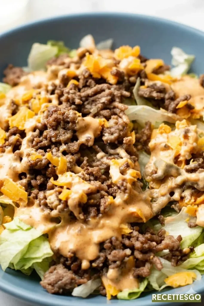 Skip the drive-through and make this Big Mac salad recipe at home in 30 minutes. Ground beef, iceberg lettuce, cheddar, and the easiest thousand island-style dressing you'll ever make. Perfect for low-carb dinner nights!