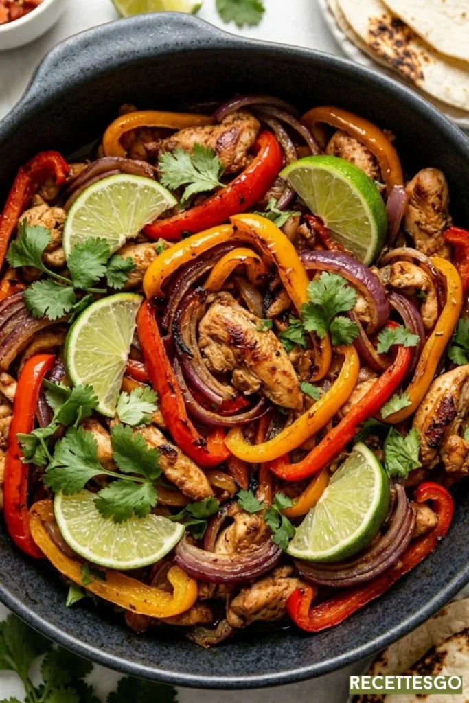 These sheet pan chicken fajitas are ready in 40 minutes with just one pan to clean. Juicy chicken, caramelized peppers and onions, smoky marinade — serve with warm tortillas and all your favorite toppings. A go-to easy chicken dinner the whole family will ask for again.
