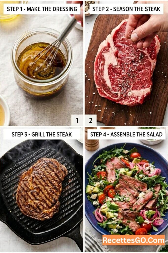 A beef steak salad recipe that actually eats like a full meal. Grilled steak, arugula, pickled red onions, blue cheese, and balsamic dressing. Your new go-to summer salad for weeknights and backyard get-togethers.